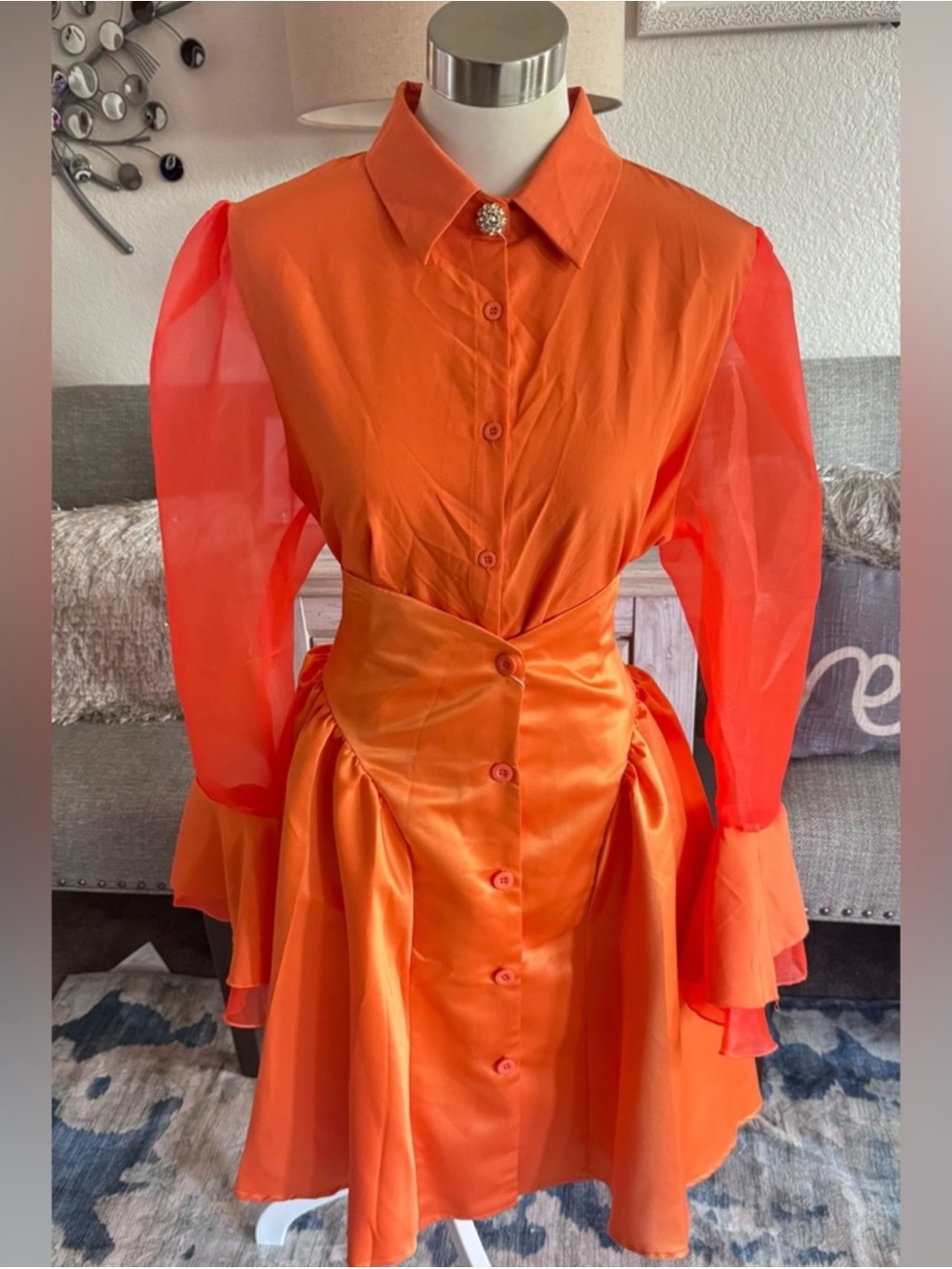 Orange Satin Ruffle Sleeve Blouse | Statement Sheer Button Top (Runs Small)
